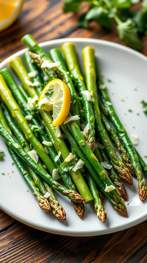 Sautéed asparagus with garlic and lemon, garnished with Parmesan cheese on a rustic table.